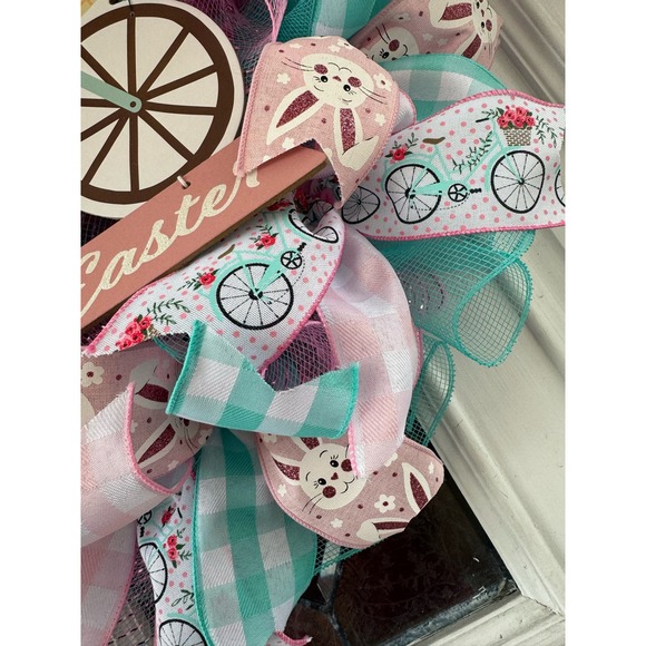 Happy Easter Bunny Rabbit Bicycle Deco Mesh Ribbon Spring Wreath Door Hanger - Picture 5 of 9